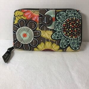 Vera Bradley Turnlock Wallet Brown Yellow Quilted Floral Pattern